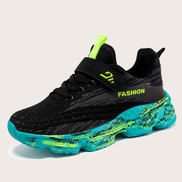 

Boys Lace-up Front Velcro Strap Knit Sneakers, Black