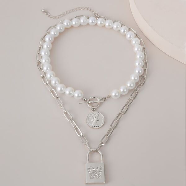 

2pcs Lock Charm Necklace, Multicolor