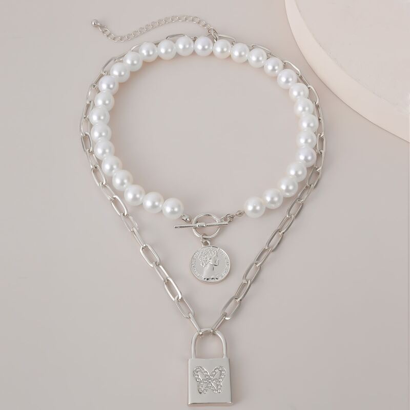 

2pcs Lock Charm Necklace, Multicolor