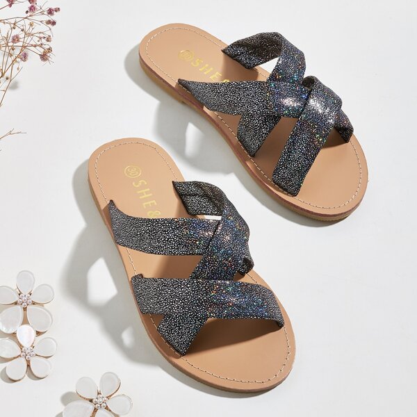 

Toddler Girls Glitter Decor Cross Strap Slides, Black