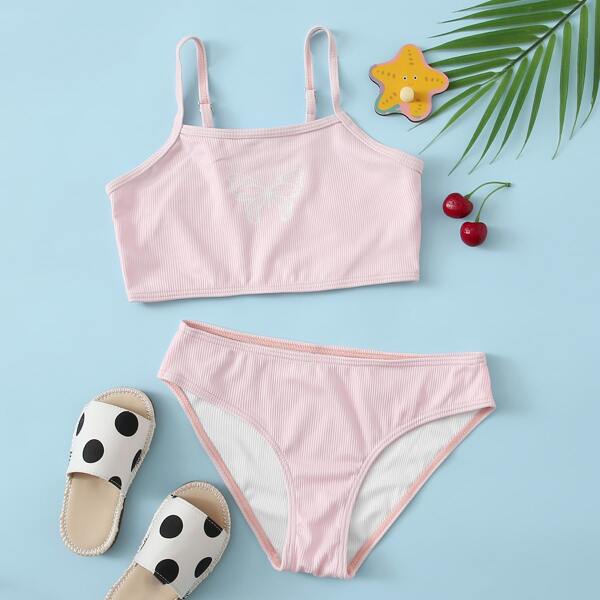 

Girls Butterfly Print Rib Bikini Swimsuit, Pastel baby pink