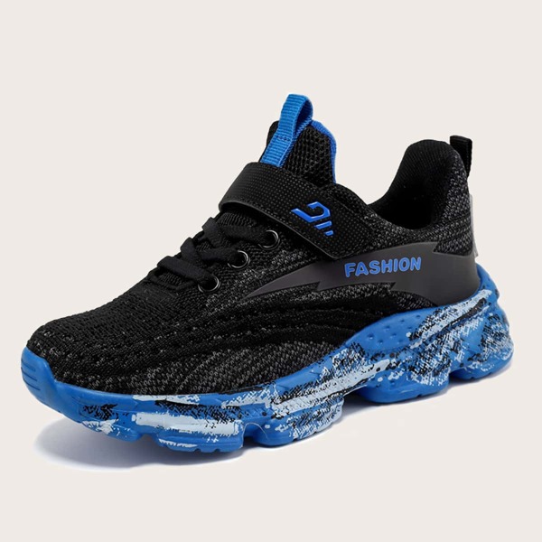

Boys Lace-up Front Velcro Strap Knit Sneakers, Black