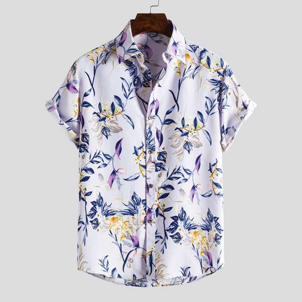 

Men Plants Print Curved Hem Shirt, Multicolor