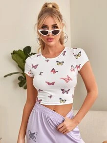 Muchica 蝴蝶圖案短版t恤 - 白色 - 查看 3