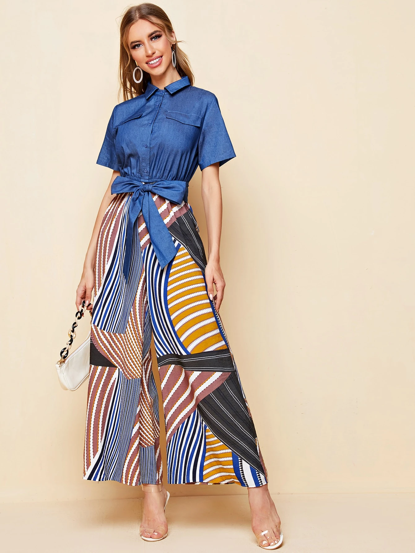 tie front striped jumpsuit