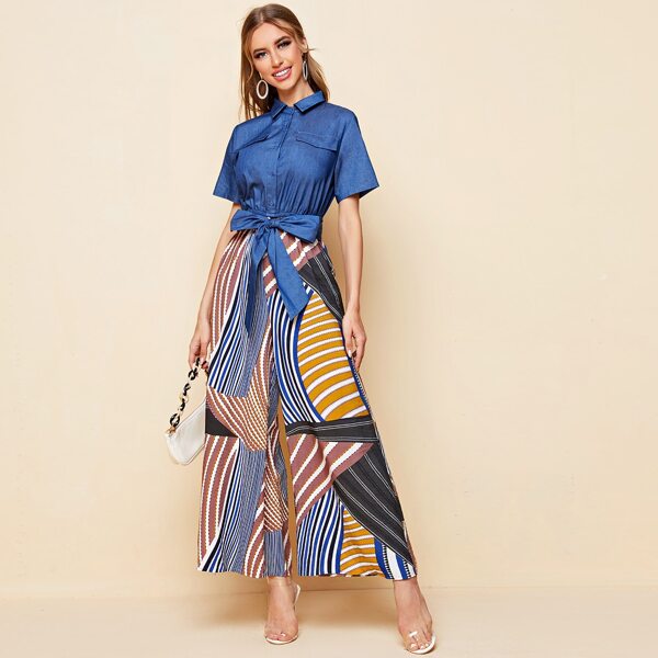 

Collared Buttoned Front Tie Front Wide Leg Striped Jumpsuit, Multicolor