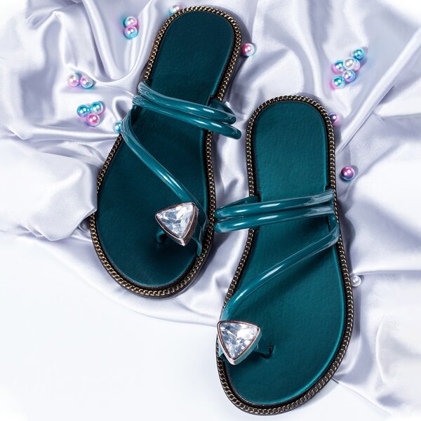 

Toe Post Rhinestone Decor Slide Sandals, Green