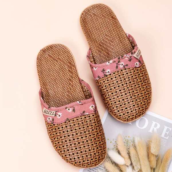 

Floral Graphic Hollow Out Braided Slippers, Brown