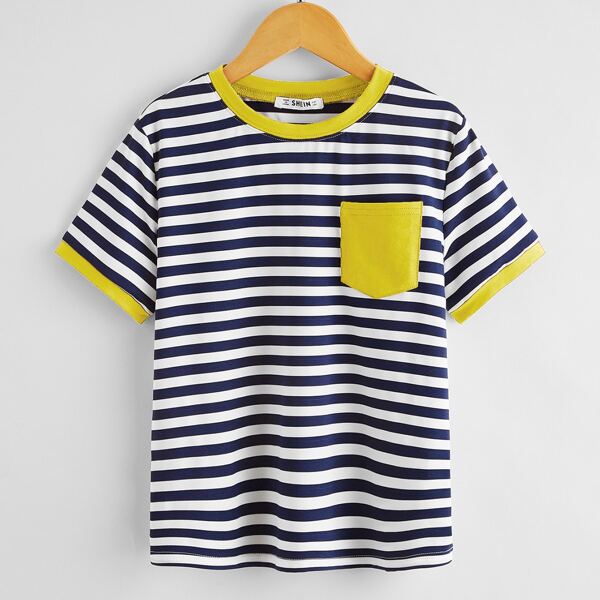 

Boys Pocket Front Striped Ringer Tee, Blue and white