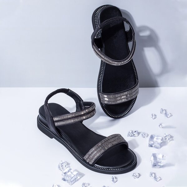

Rhinestone Decor Ankle Strap Sandals, Black