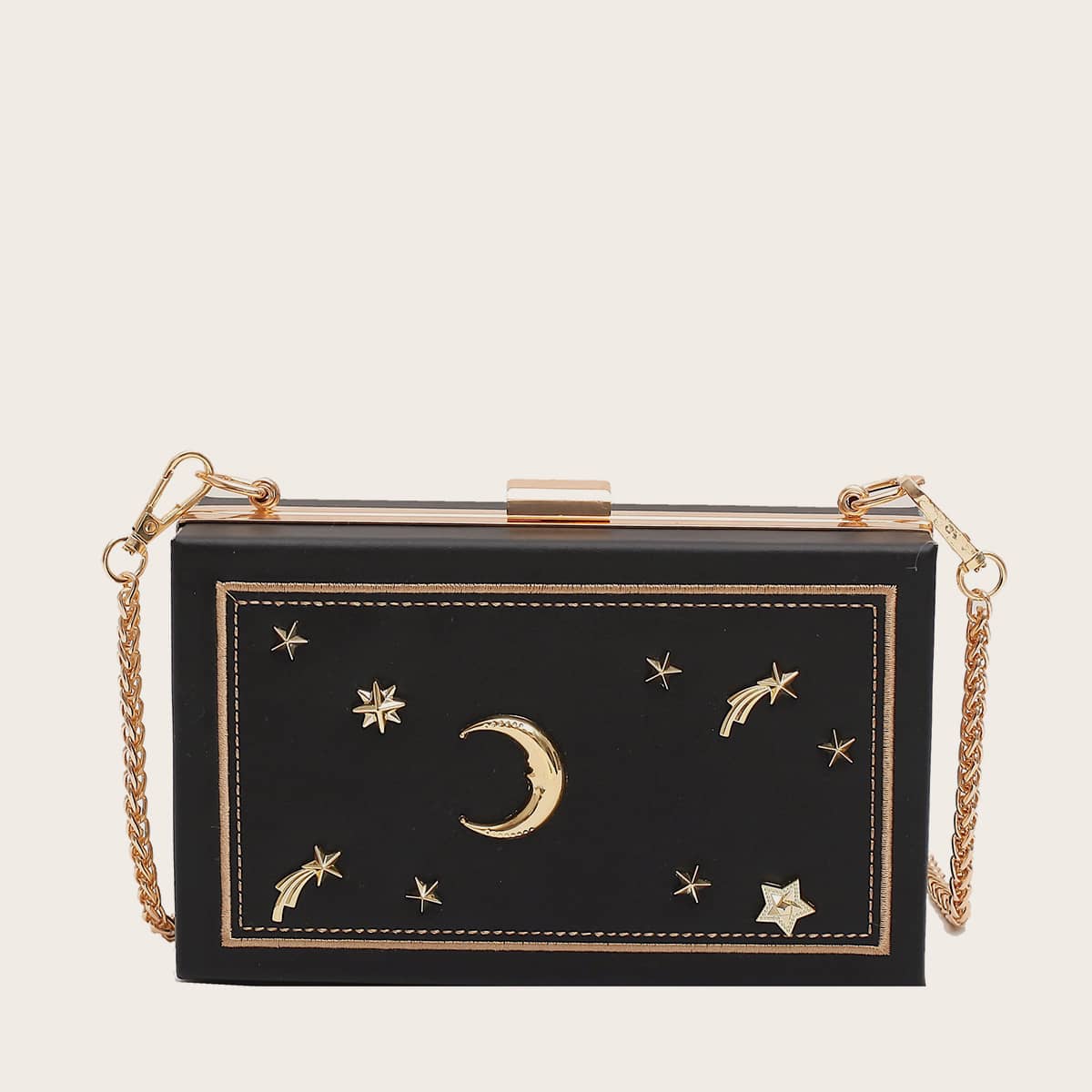 

Star & Moon Decor Chain Box Bag, Black