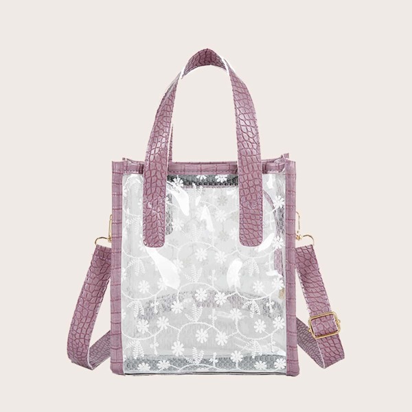 

Flower Pattern Clear Bag, Purple