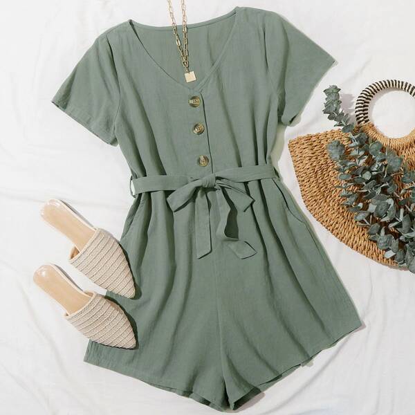 

V-neck Button Front Self Tie Romper, Mint green