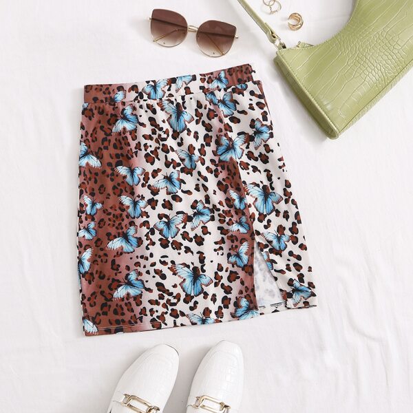 

Split Hem Rib-knit Butterfly & Leopard Skirt, Multicolor