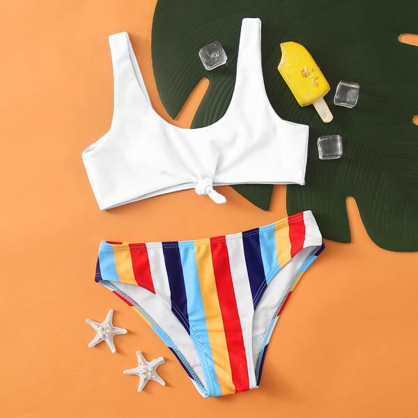 

Girls Colorful Stripe Knot Hem Bikini Swimsuit, Multicolor