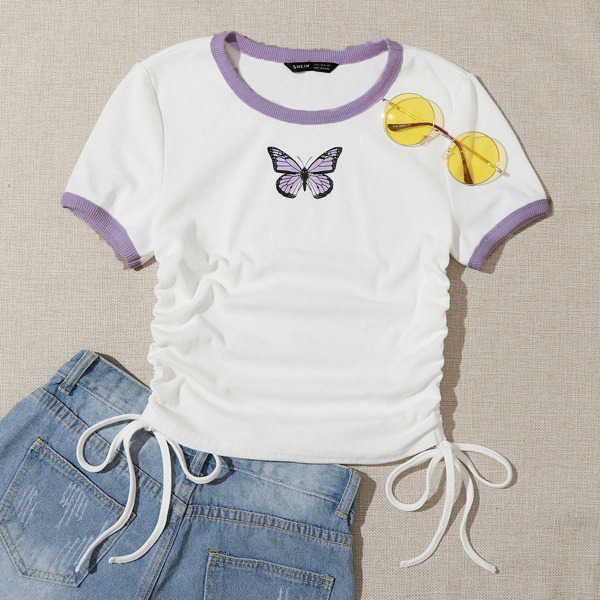 

Butterfly Print Drawstring Side Rib-knit Ringer Tee, White