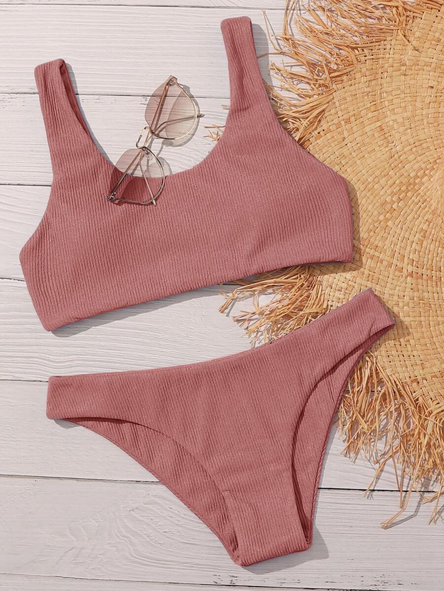 Plain Rib Bikini Set Summer Beach - Dusty Pink - View 1