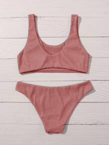 Plain Rib Bikini Set Summer Beach - Dusty Pink - View 2