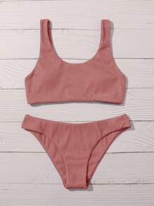Plain Rib Bikini Set Summer Beach - Dusty Pink - View 3
