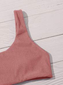 Plain Rib Bikini Set Summer Beach - Dusty Pink - View 4