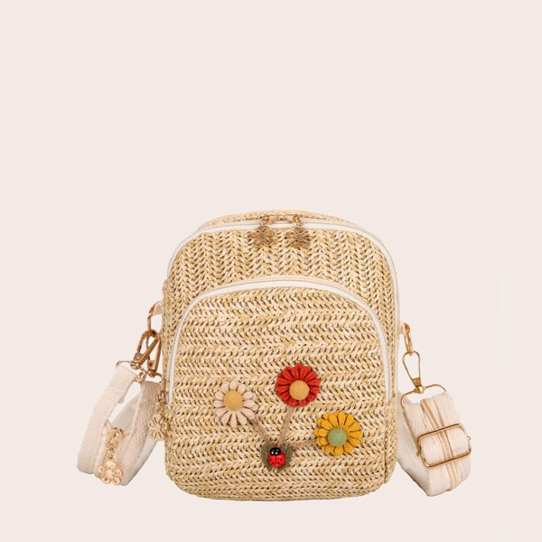 

Girls Flower Appliques Woven Crossbody Bag, Khaki