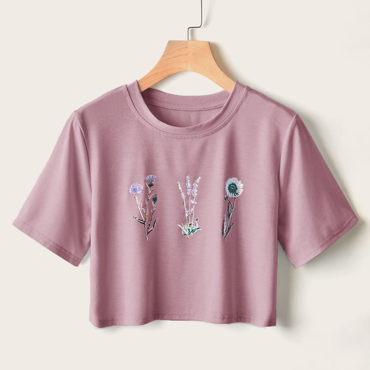 

Plant Embroidery Crop Tee, Dusty pink