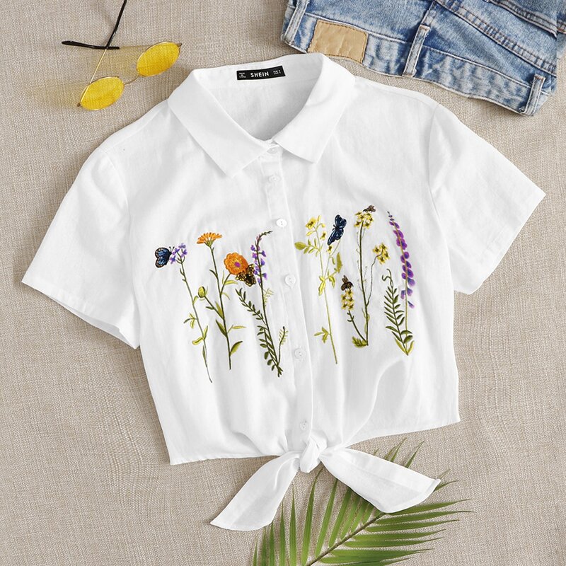 

Plants Embroidery Tied Hem Blouse, White