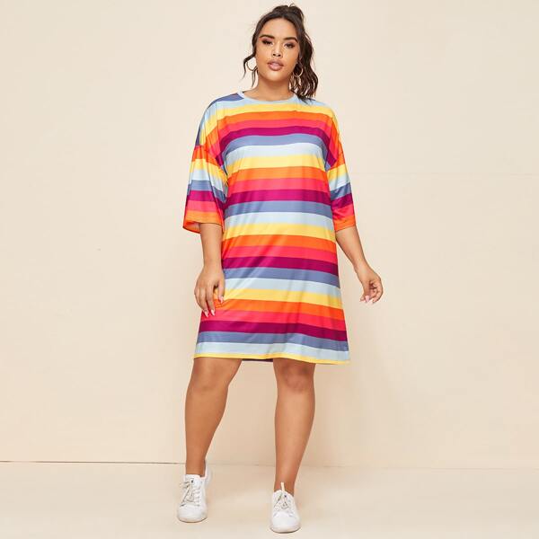 

Plus Rainbow Striped Drop Shoulder Tee Dress, Multicolor