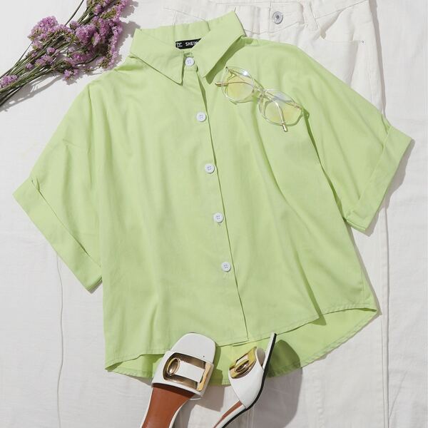 

Button Front Roll Up Sleeve Blouse, Pastel lime green