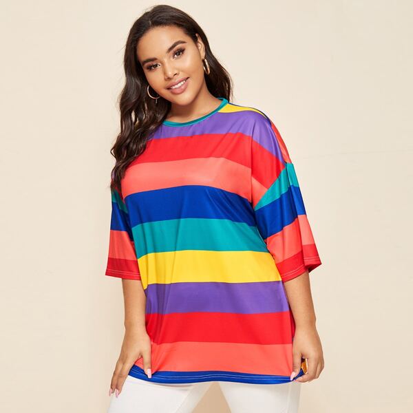

Plus Rainbow Striped Drop Shoulder Tee, Multicolor