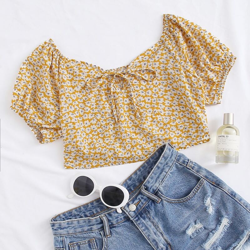 

Tie Front Puff Sleeve Ditsy Floral Crop Top, Yellow