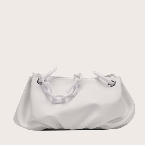 

Chain Handle Ruched Bag, White
