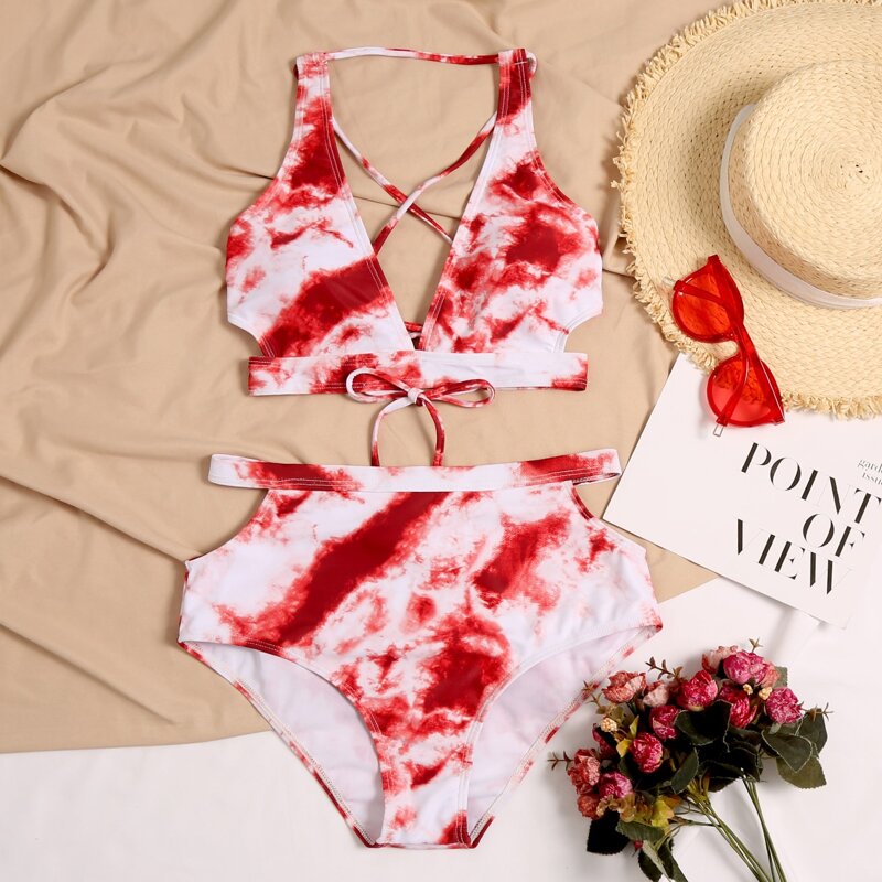 

Tie Dye Cut-out High Waisted Bikini Swimsuit, Red and white