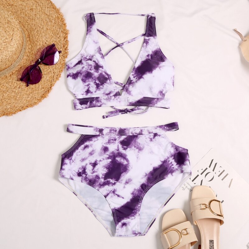 

Tie Dye Cut-out High Waisted Bikini Swimsuit, Multicolor