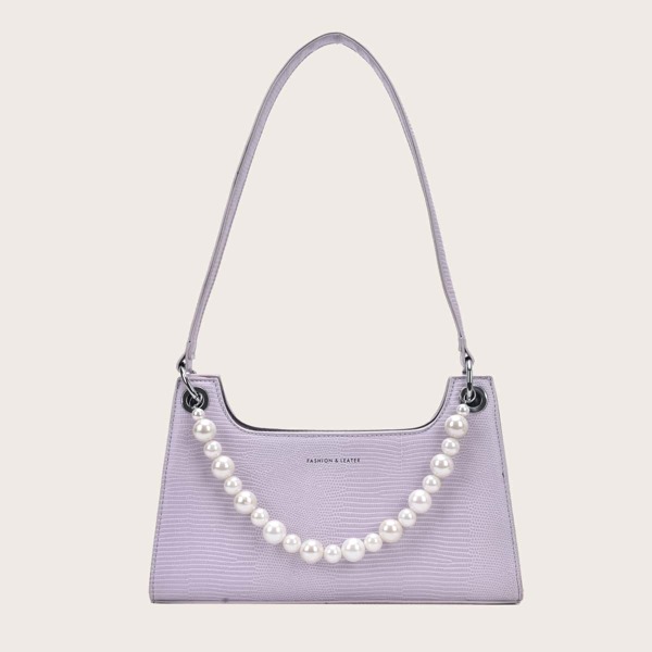 

Faux Pearl Decor Lizard Embossed Shoulder Bag, Purple
