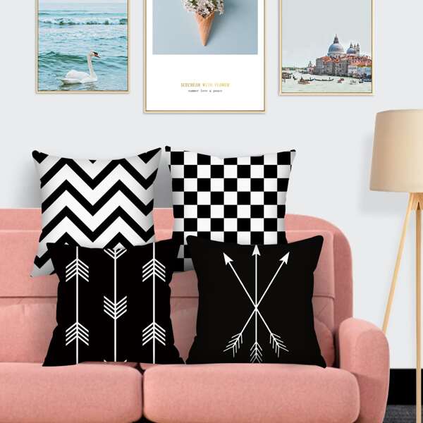 

1pc Arrow & Geometric Pattern Cushion Cover Without Filler, Black