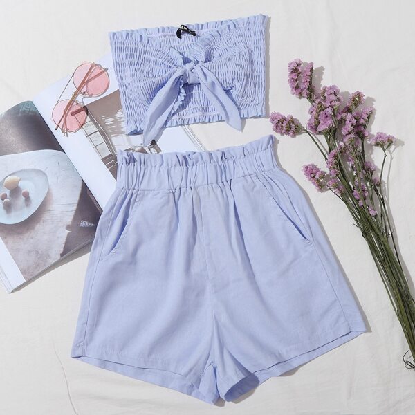 

Frill Trim Tie Front Shirred Tube Top & Shorts Set, Baby blue