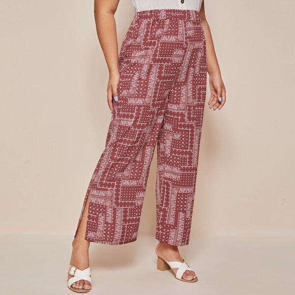 

Plus Paisley Print Split Side Wide Leg Pants, Redwood