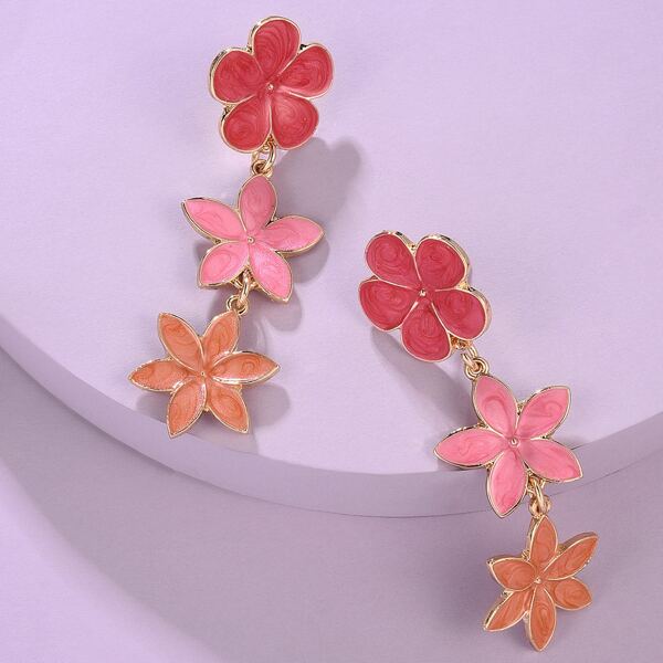 

Flower Long Drop Earrings, Red