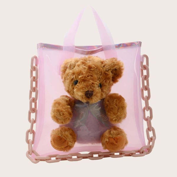 

Girls Bear Decor Clear Satchel Bag, Pink