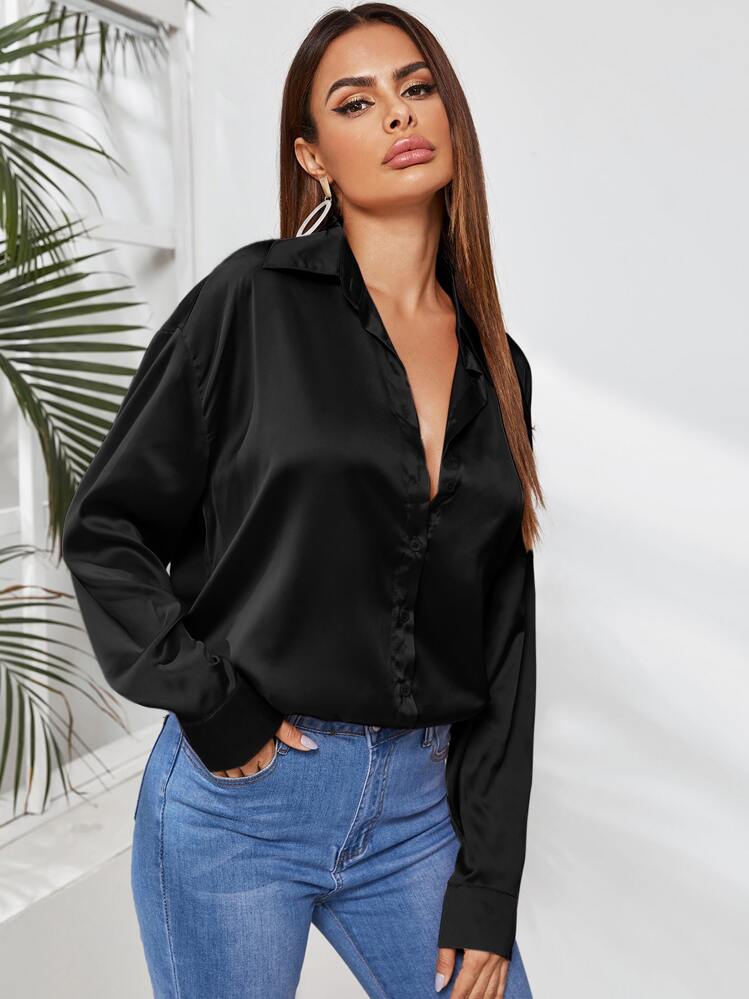 SHEIN Privé Satin Button Up Curved Hem Blouse - Black - View 1