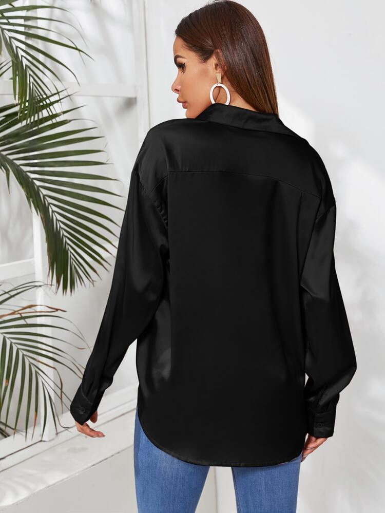 SHEIN Privé Satin Button Up Curved Hem Blouse - Black - View 2