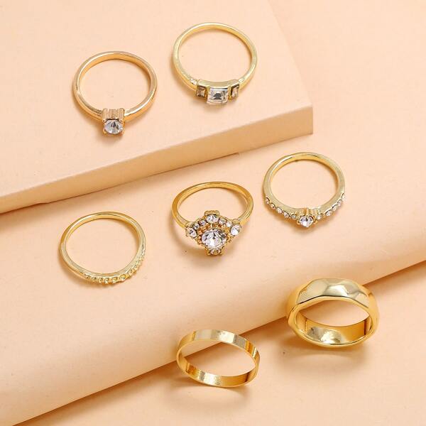 

7pcs Rhinestone Engraved Ring, Gold