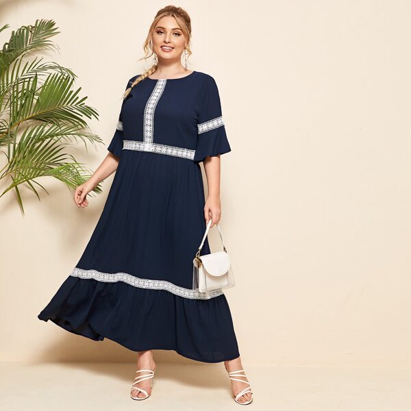 

Plus Mesh Panel Flounce Hem Dress, Navy blue