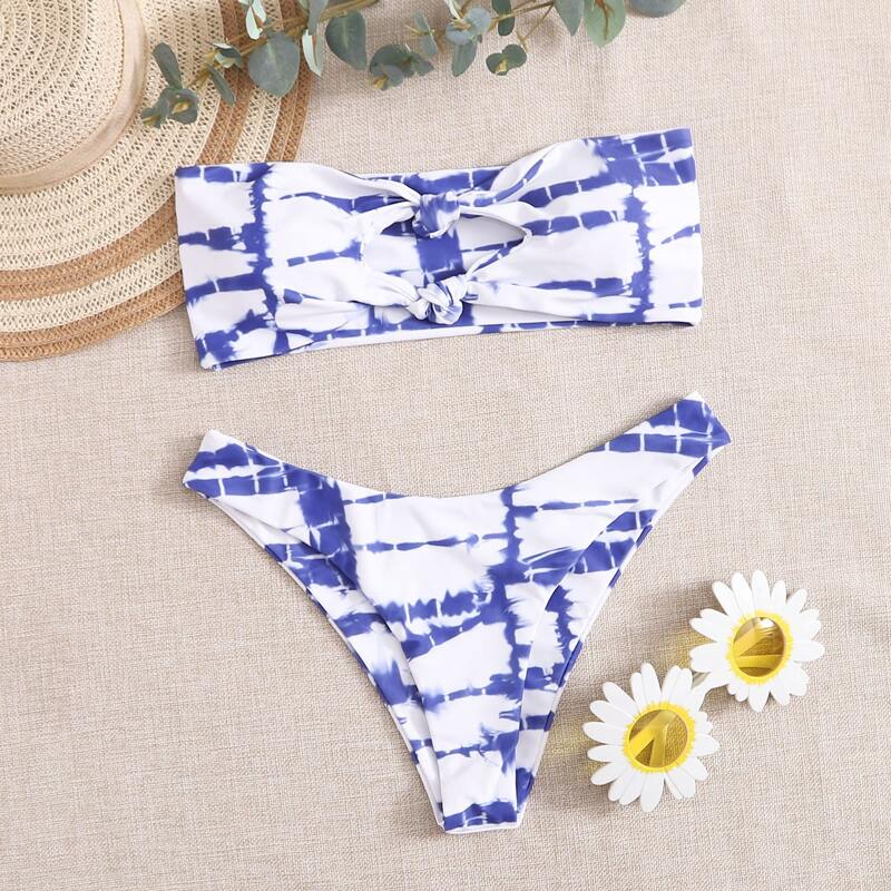 

Tie Dye Knot Bandeau Bikini Swimsuit, Blue and white