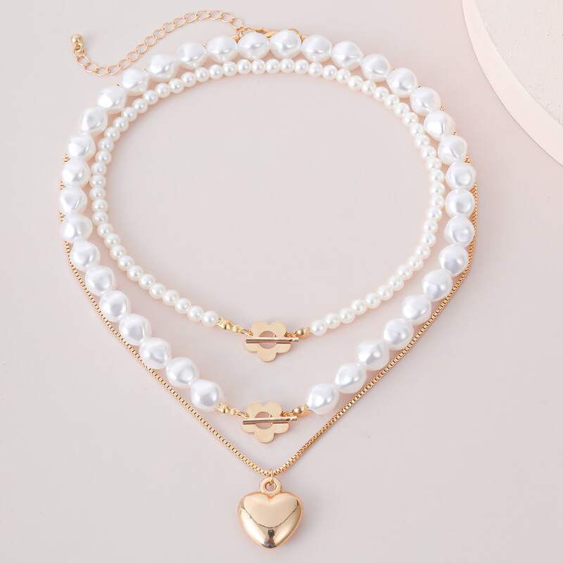 

3pcs Faux Pearl Heart Decor Necklace, Gold