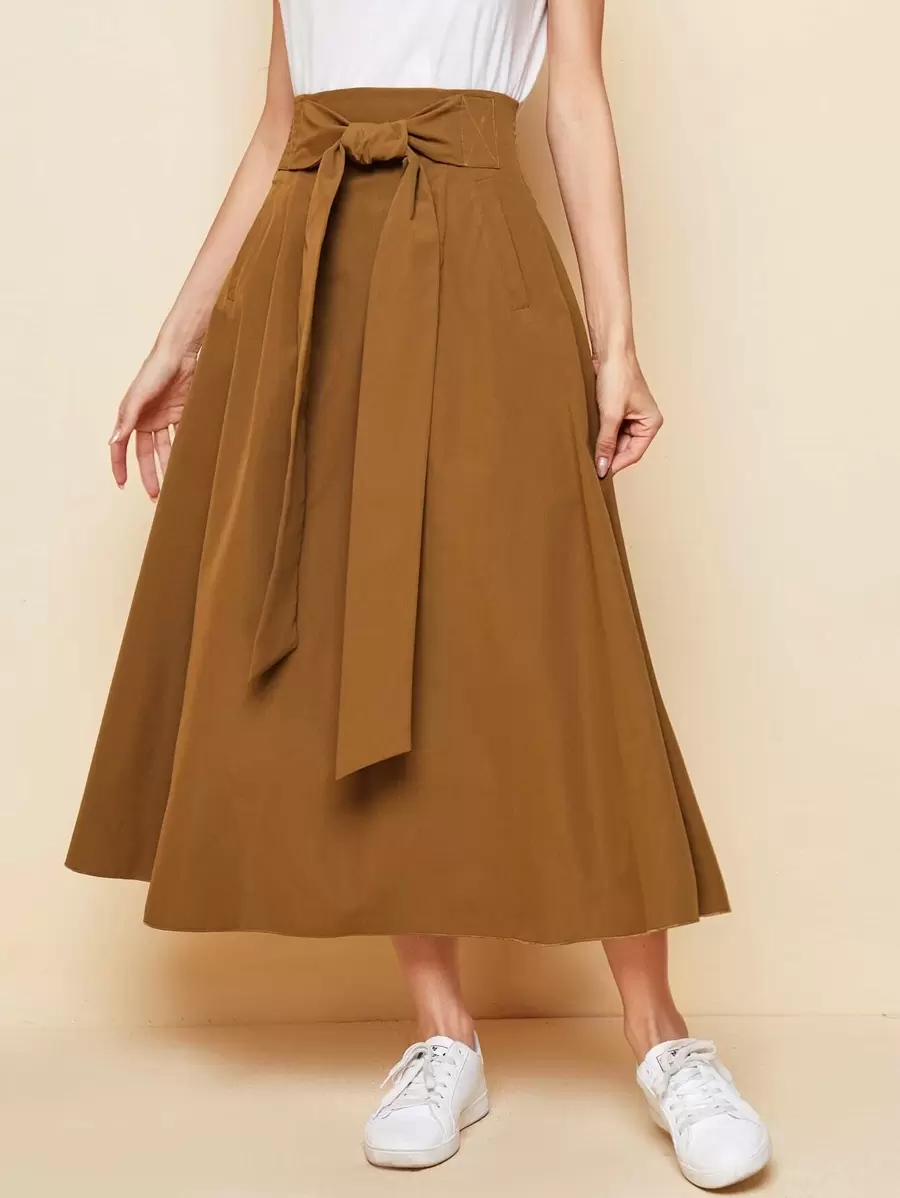 Mulvari Tie Front Solid Skirt - Brown - View 1