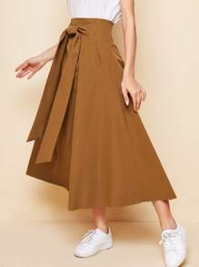 Mulvari Tie Front Solid Skirt - Brown - View 3