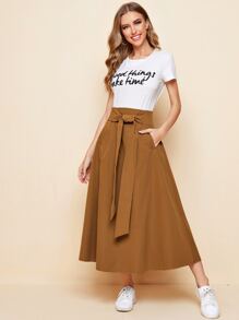 Mulvari Tie Front Solid Skirt - Brown - View 4