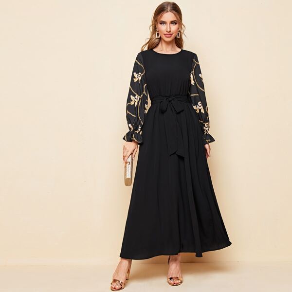 

Chain Print Flounce Sleeve Belted Maxi Dress, Black